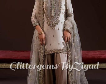 Embroidered Raw Silk Farshi Shalwar Suit | Pakistani Wedding Guest Dress
