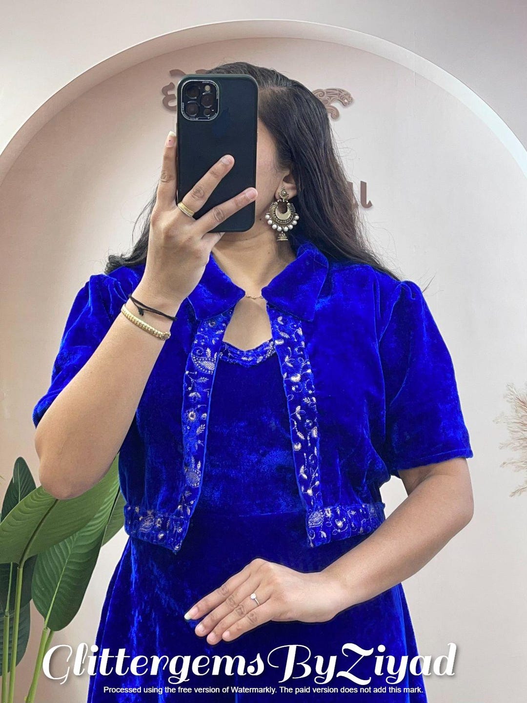 royal-blue-velvet-jacket-dress-embroidered-ethnic-fusion-party-wear