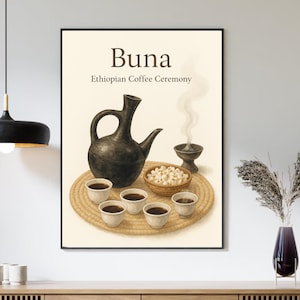 Etiopisk kaffeceremonitryck | Akvarell väggkonst med Buna Jebena