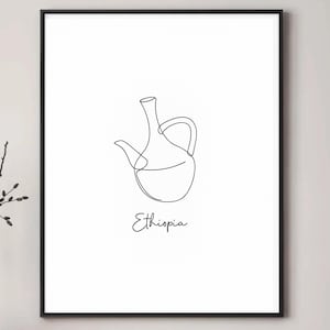 May include: A framed minimalist art print featuring a black line drawing of a traditional Ethiopian coffee pot, with the word "Ethiopia" written below. The artwork is displayed on a white background.