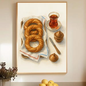 Turkish Simit Wall Art Watercolor Food Print Kitchen Decor Mediterranean Breakfast Poster Istanbul Cafe Art Rustic Bread Bakery Illustration