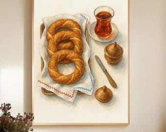 Turkish Simit Watercolor Print: Mediterranean Kitchen Art, Istanbul Cafe Decor (Digital Download)