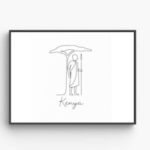 Maasai Warrior Line Art Print  Kenya Wall Art African Minimalist Poster Acacia Tree Drawing Unframed Digital Download Kenya wall art Kenya