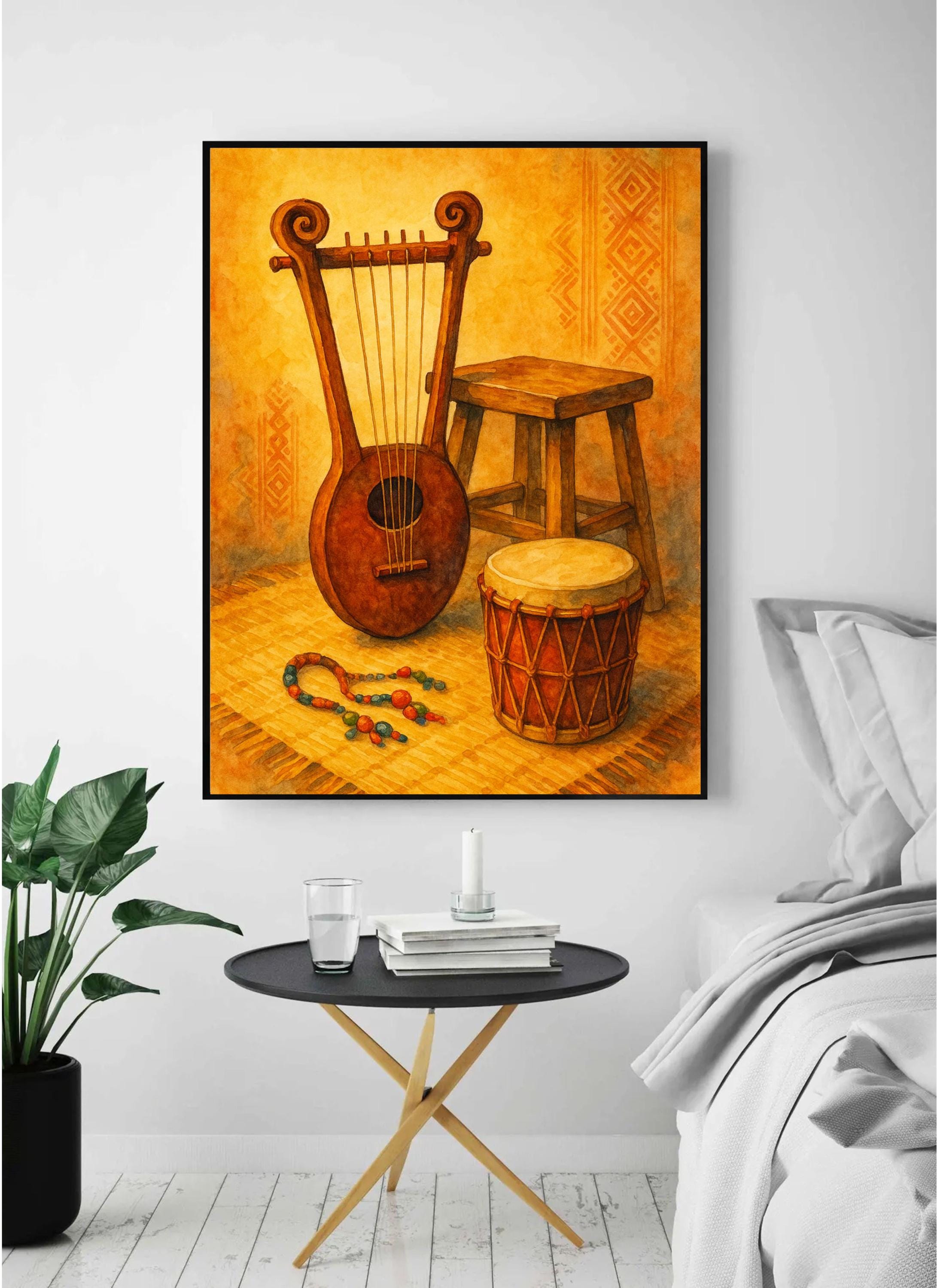 Ethiopian Krar & Eritrean Kebero Instrument Print: African Music