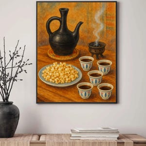 K&ouml;nnte beinhalten: Gerahmtes Gem&auml;lde, das ein Stillleben zeigt: eine schwarze Kaffeekanne, kleine Kaffeetassen, ein Teller Popcorn und ein rauchender R&auml;uchergef&auml;&szlig;. Die Szene spielt auf einem Holztisch mit warmer Farbpalette.