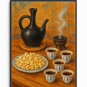 K&ouml;nnte beinhalten: Ein Stillleben-Gem&auml;lde zeigt eine schwarze Kaffeekanne, kleine Kaffeetassen, einen Teller Popcorn und einen rauchenden R&auml;uchergef&auml;&szlig;. Die Szene spielt sich auf einem Holztisch mit warmer Farbpalette ab.