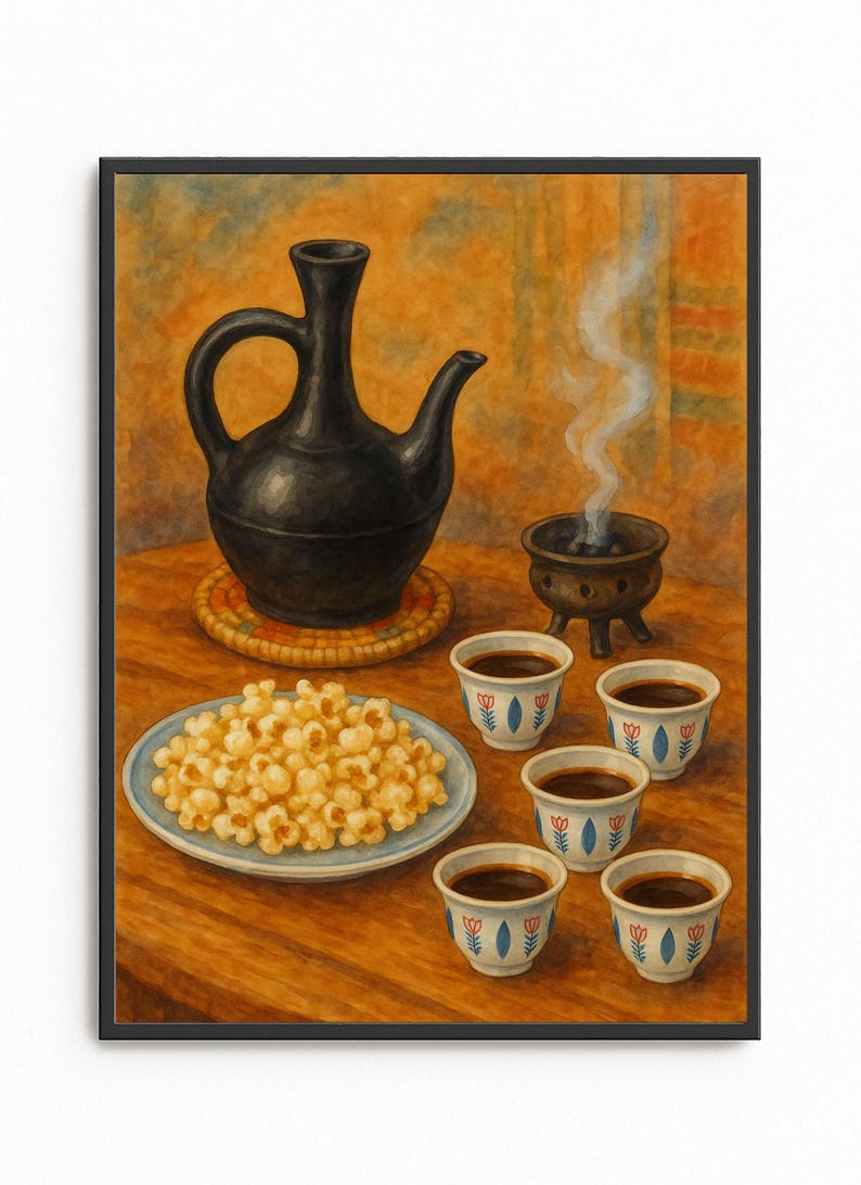 K&ouml;nnte beinhalten: Ein Stillleben-Gem&auml;lde zeigt eine schwarze Kaffeekanne, kleine Kaffeetassen, einen Teller Popcorn und einen rauchenden R&auml;uchergef&auml;&szlig;. Die Szene spielt sich auf einem Holztisch mit warmer Farbpalette ab.