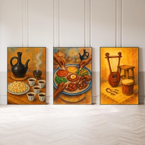 Op de afbeelding: Set van drie ingelijste kunstdrukken die een Ethiopische koffieceremonie en traditioneel eten uitbeelden. De eerste print toont een zwarte koffiepot, kopjes en popcorn. De tweede toont mensen die van een groot bord eten. De derde toont een lier en een trommel.