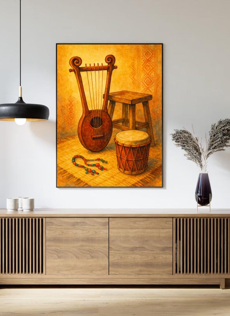 Krar Instruments Drawing Ethiopian Krar & Eritrean Kebero Instrument Print: African Music Wall ...