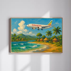 Ethiopian Airlines Poster Coastal Wall Art African Travel Decor Tropical Beach Landscape Digital Download Horizontal Airplane Painting Art