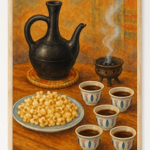 K&ouml;nnte beinhalten: Ein Stillleben-Gem&auml;lde mit einer schwarzen Kaffeekanne, kleinen Kaffeetassen, einem Teller Popcorn und einem rauchenden R&auml;uchergef&auml;&szlig;. Die Szene spielt auf einem Holztisch mit warmer Farbpalette.