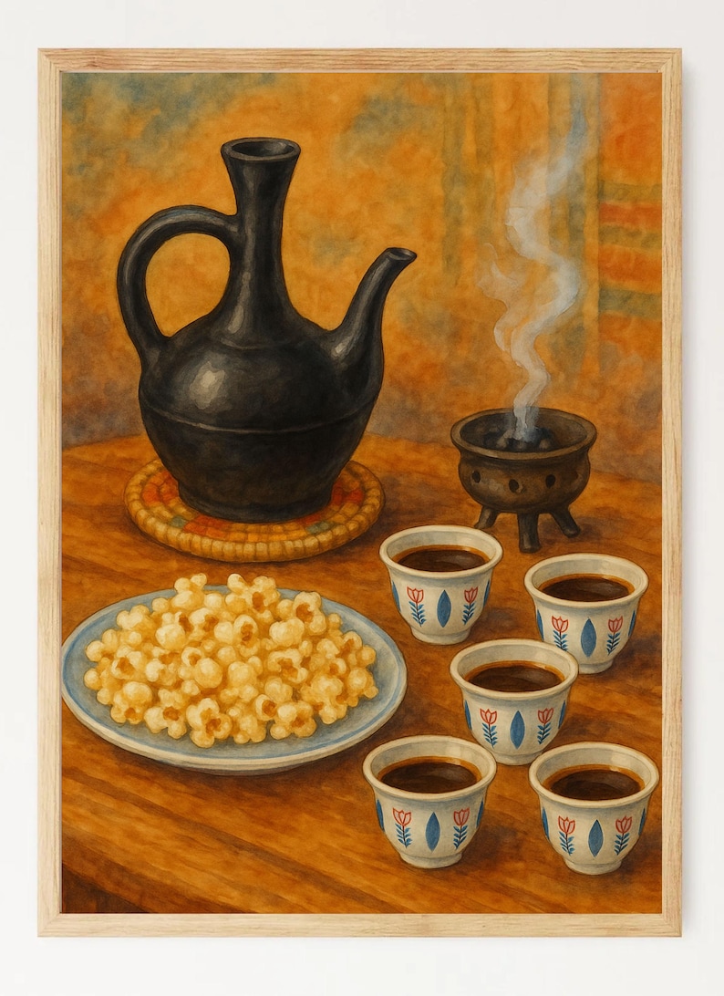 K&ouml;nnte beinhalten: Ein Stillleben-Gem&auml;lde mit einer schwarzen Kaffeekanne, kleinen Kaffeetassen, einem Teller Popcorn und einem rauchenden R&auml;uchergef&auml;&szlig;. Die Szene spielt auf einem Holztisch mit warmer Farbpalette.