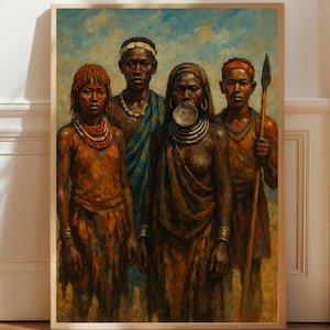 Stampa artistica tribale della valle dell&#39;Omo, ritratto di gruppo etiope, arte murale, poster della cultura africana, poster Hamar Mursi Banna, download digitale, etiope