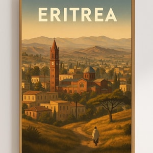 Affiche de voyage en Érythrée, impression d'art mural Asmara, décor de paysage africain, illustration vintage de la ville érythréenne, oeuvre d'art cadeau