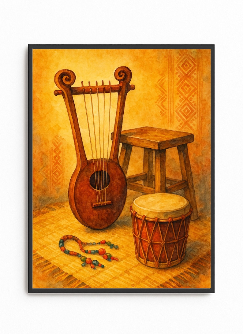 Krar Instruments Drawing Ethiopian Krar & Eritrean Kebero Instrument Print: African Music Wall ...