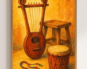 Impresión de instrumentos de krar etíope y kebero eritreo: arte mural de música africana