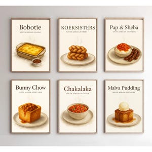 Conjunto de arte gastronómico sudafricano imprimible, decoración de pared para cocina, carteles minimalistas de acuarela, descarga digital para comedor, arte sudafricano