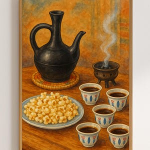 K&ouml;nnte beinhalten: Ein Stillleben zeigt eine schwarze Kaffeekanne, einen R&auml;uchergef&auml;&szlig; und kleine Kaffeetassen. Ein Teller Popcorn steht neben den Tassen. Die Szene spielt auf einem Holztisch.