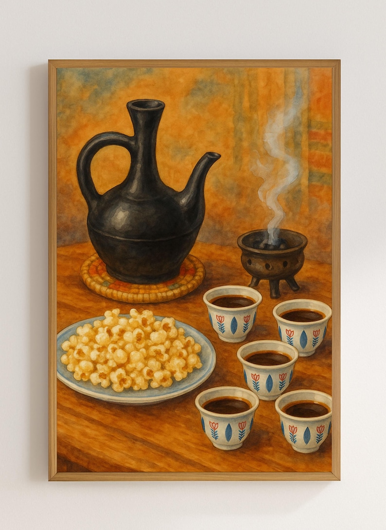 K&ouml;nnte beinhalten: Ein Stillleben zeigt eine schwarze Kaffeekanne, einen R&auml;uchergef&auml;&szlig; und kleine Kaffeetassen. Ein Teller Popcorn steht neben den Tassen. Die Szene spielt auf einem Holztisch.