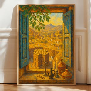 Peut inclure: Peinture à l'huile représentant un paysage vu à travers une fenêtre avec des volets bleus. L'œuvre d'art présente une église, des montagnes et un village. Des bougies et des vases sont sur le rebord de la fenêtre. Le tableau est encadré.