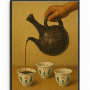 Arte mural de la ceremonia del café etíope, pintura al óleo minimalista, tazas de jebena vertiendo Finjal, póster decorativo cultural africano, impresión eRITREA PRINT