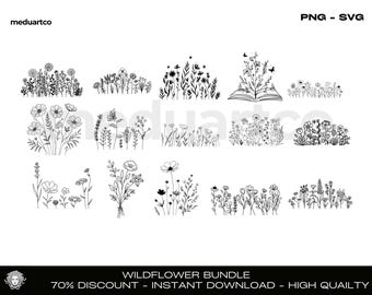 Wildflower SVG-bundel: bloemenweide, botanisch boeket (digitale download)