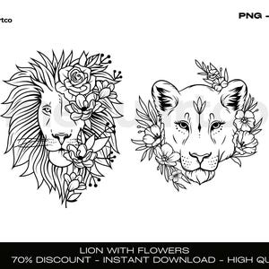 花を持つライオン SVG、ライオン SVG カット ファイル、ライオンの頭 SVG-PNG、花のライオン クリップアート、デジタル ダウンロード