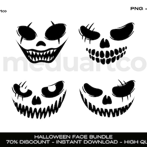 May include: Four black and white Halloween face designs. Each design features a different expression, including a wide grin, a mischievous smirk, and a spooky stare. The designs are perfect for creating spooky decorations or crafting projects.