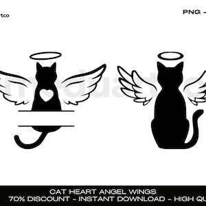 Puede incluir: Silueta negra de un gato con alas de ángel y un halo, con un corazón en el centro de su pecho. El gato está mirando hacia adelante con la cola enroscada alrededor de sus patas. Las alas están extendidas detrás del gato. El halo está sobre la cabeza del gato. El corazón es un simple contorno.