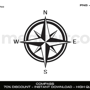 Könnte beinhalten: Ein schwarz-weißer Kompass mit den Himmelsrichtungen N, S, O und W. Der Kompass ist ein schlichtes Design mit einem Stern in der Mitte.
