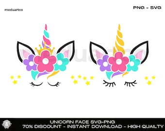 May include: Two unicorn face SVG files with closed eyes, a horn, and a crown of flowers in pink, purple, and blue.