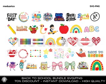Puede incluir: Una colección de gráficos coloridos con temática de regreso a clases. Incluye ilustraciones de lápices, manzanas, arcoíris y texto como "First Day", "Back to School" y "First Grade". Ideal para diseños digitales.