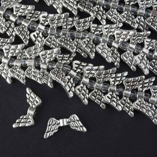 10x20mm Silver Pewter Large Angel Wing Beads - 8 Inch Strand Approx. 30 Beads per Strand