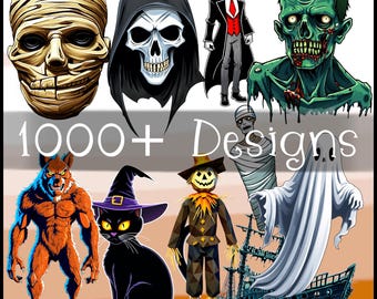 1000 以上のハロウィーン テーマの T シャツまたはステッカー デザイン バンドル SVG および PNG ファイル