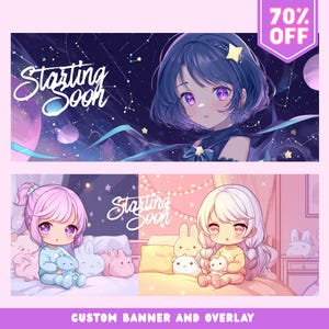 Pode incluir: Design de banner e sobreposição de arte digital com personagens em estilo anime. O banner superior mostra uma garota com olhos roxos e cabelo azul em um fundo estrelado. O banner inferior mostra duas garotas com bichos de pelúcia. O texto diz "Starting Soon".