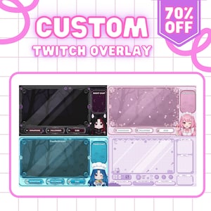 May include: A custom Twitch overlay design in pink and white. The design features four different layouts, each with a unique background and character. The text "CUSTOM TWITCH OVERLAY" is displayed at the top, with a "70% OFF" banner.