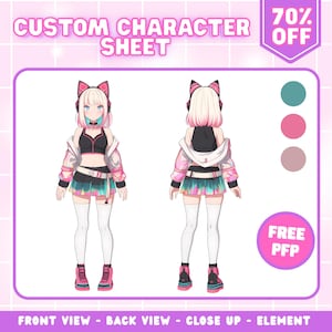 Peut inclure: Une fiche de personnage numérique avec une vue de face et de dos d'un personnage aux cheveux roses et blancs, portant un haut, une jupe et une veste noirs. Le texte "CUSTOM CHARACTER SHEET" et "70% OFF" sont affichés.