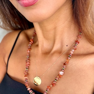 Handcrafted Terracotta Gemstone Chip Necklace, Earthy Boho Beaded Choker, Brass Accents