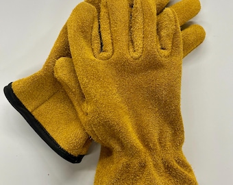 May include: A pair of yellow leather work gloves with black stitching around the wrist.