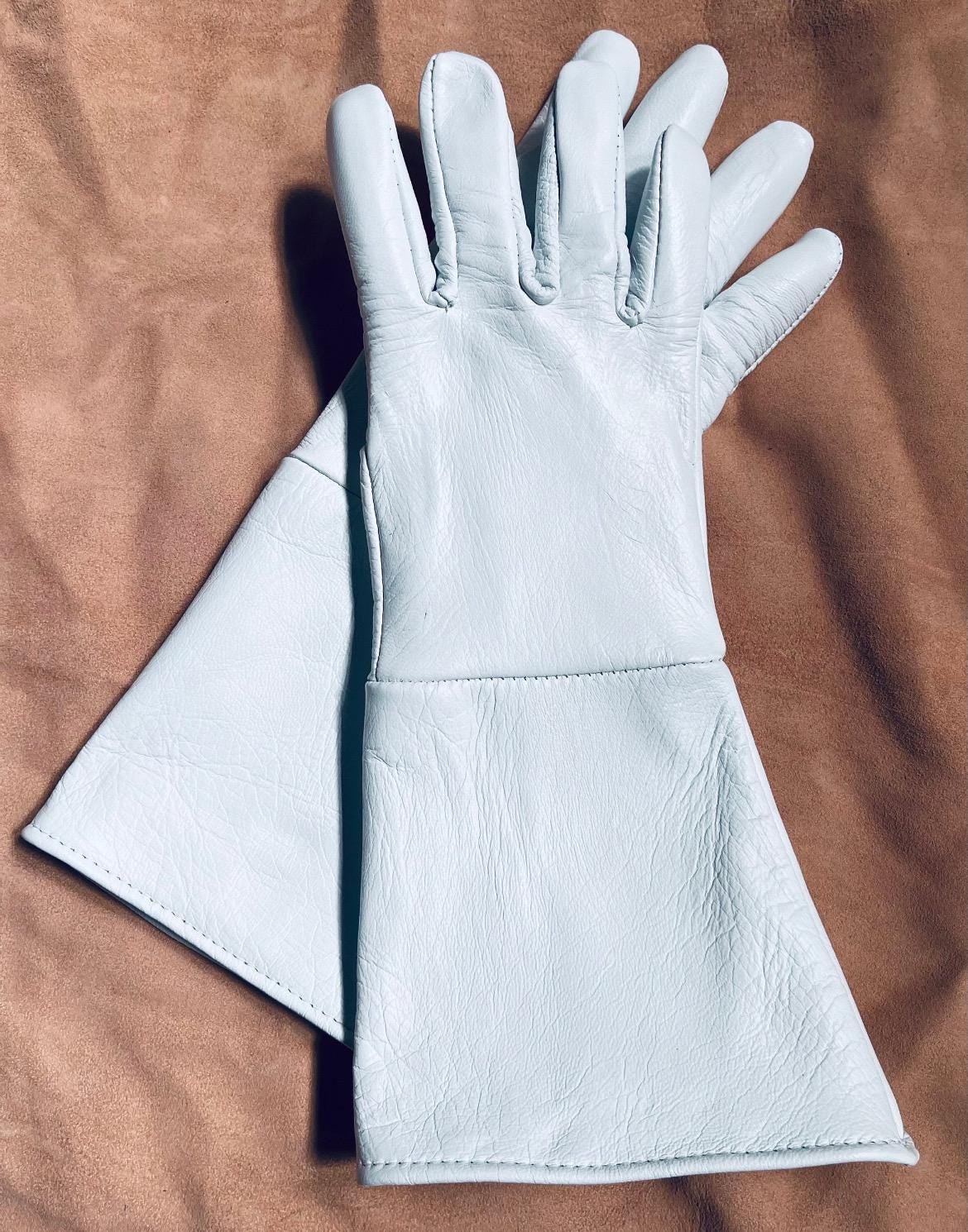 White Goatskin Leather Gauntlet Gloves - USA Made Costume Gloves