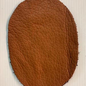 May include: A close-up of a brown leather patch with a rough, textured surface. The patch is oval-shaped and has a frayed edge.