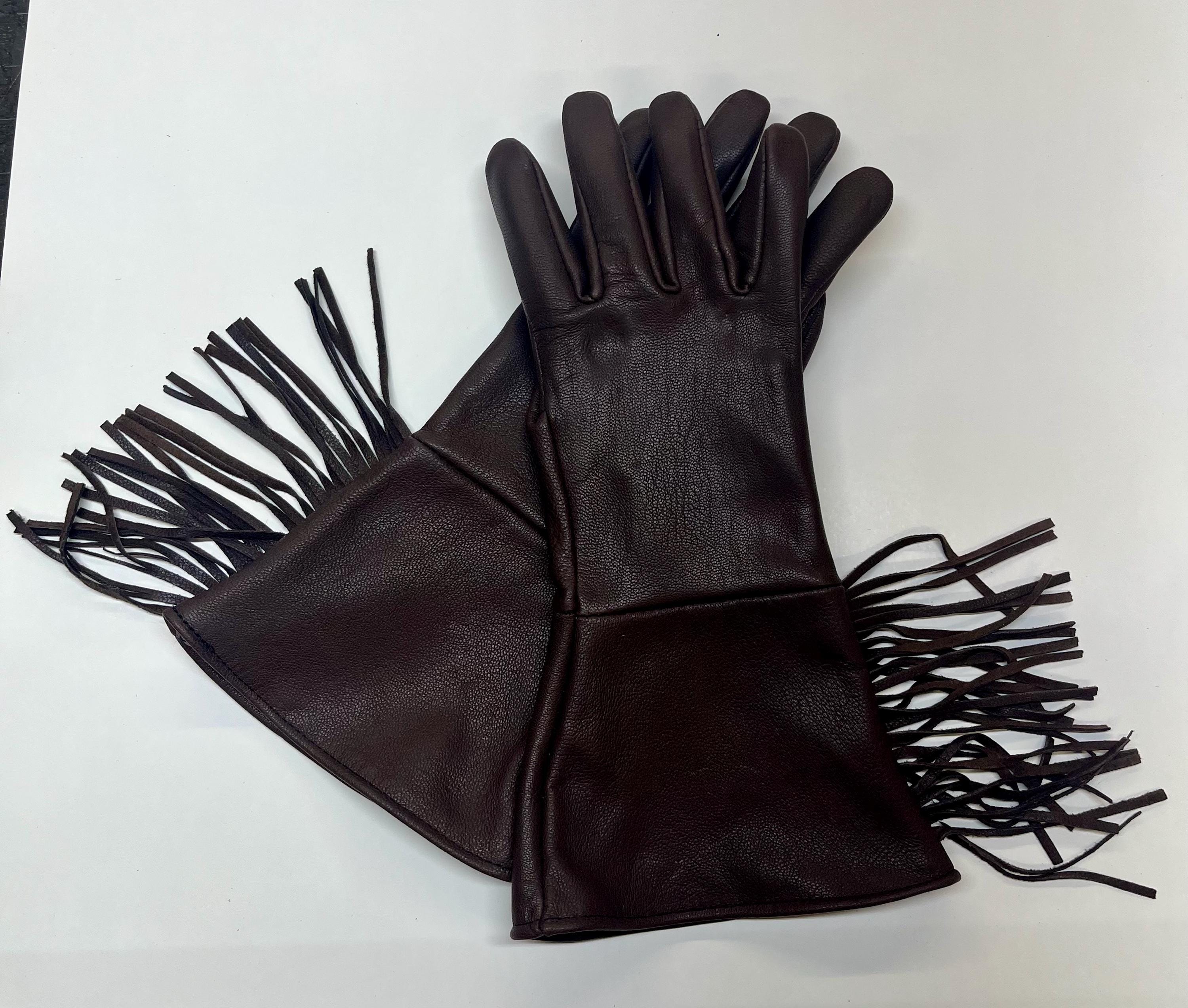Dark Brown Goatskin Leather Gauntlet Gloves With Fringe Made in