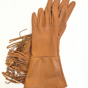 Saddle Brown Goatskin leather gauntlet gloves with fringe  - made in the USA-