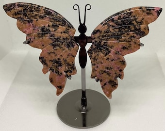 Rhodonite Butterfly Carving with Stand: Healing Crystal Decor, 5"x4.5"