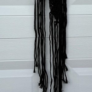May include: Black macrame dream catcher with a crescent moon charm. The dream catcher features a woven web design and long, flowing tassels. It is suspended against a white background.