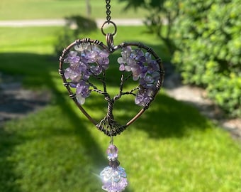 Amethyst Heart Suncatcher: Copper Tree of Life, Glass Ornament, Chakra Heart Suncatcher