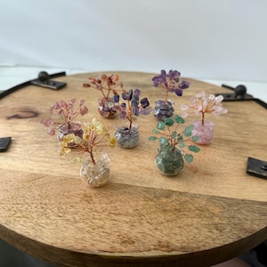 May include: A collection of small, decorative crystal trees in various colors, including purple, pink, and green. Each tree is crafted with wire branches and sits in a small glass vase. The trees are arranged on a round wooden tray.