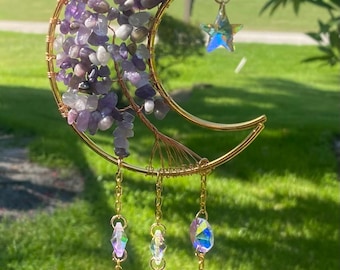 Amethyst Moon Suncatcher: Crystal Ornamentation & Gold-Like Finish