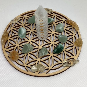 Abundance crystal grid kit/flower of life Crystal grid/prosperity manifestation kit/citrine and green aventurine set/wooden Crystal grid