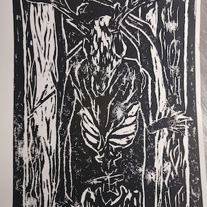 Original spooky wendigo lino print - forest creature art